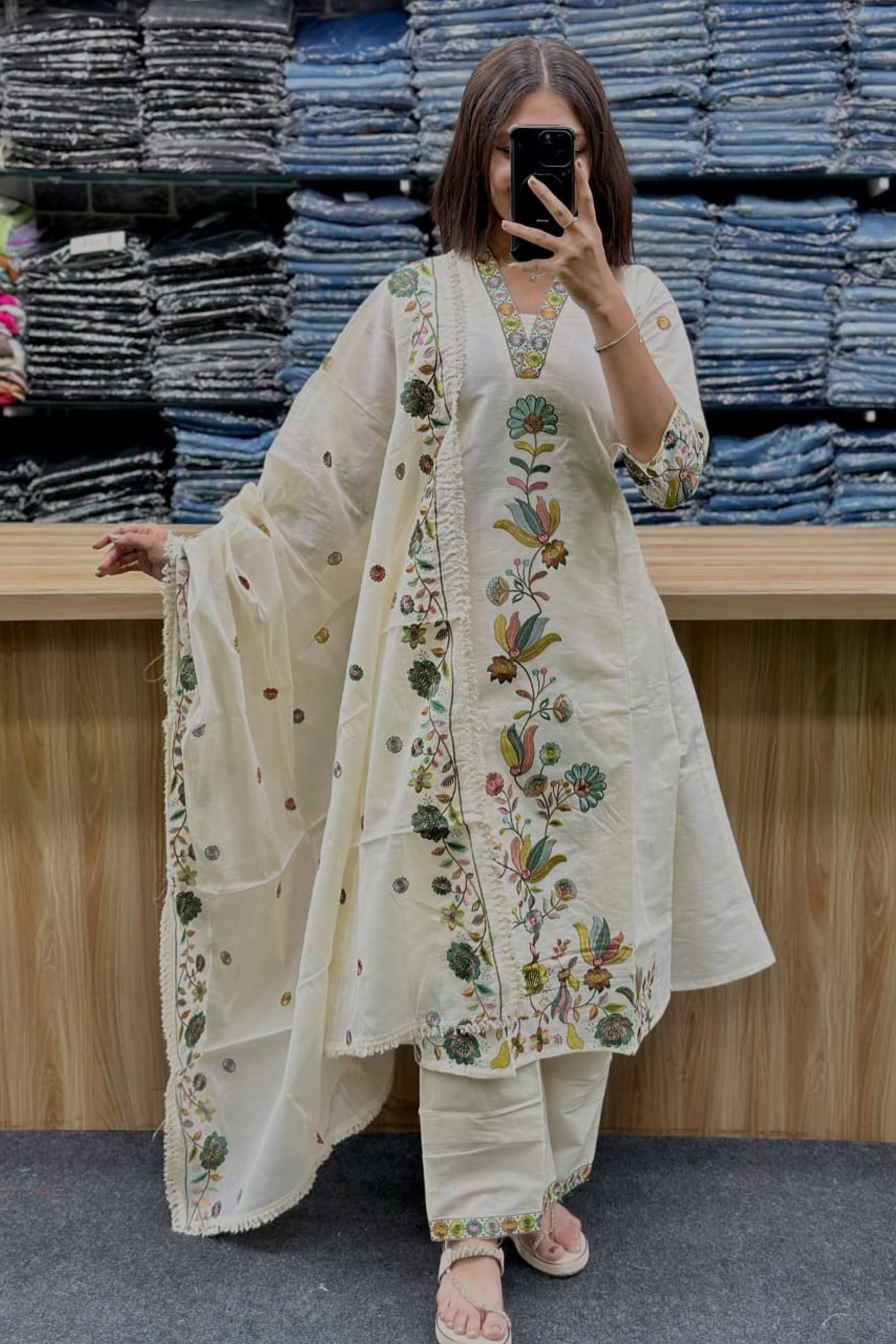 Cream Cotton Premium Kurti Pant Set with Multicolor Embroidered Dupatta