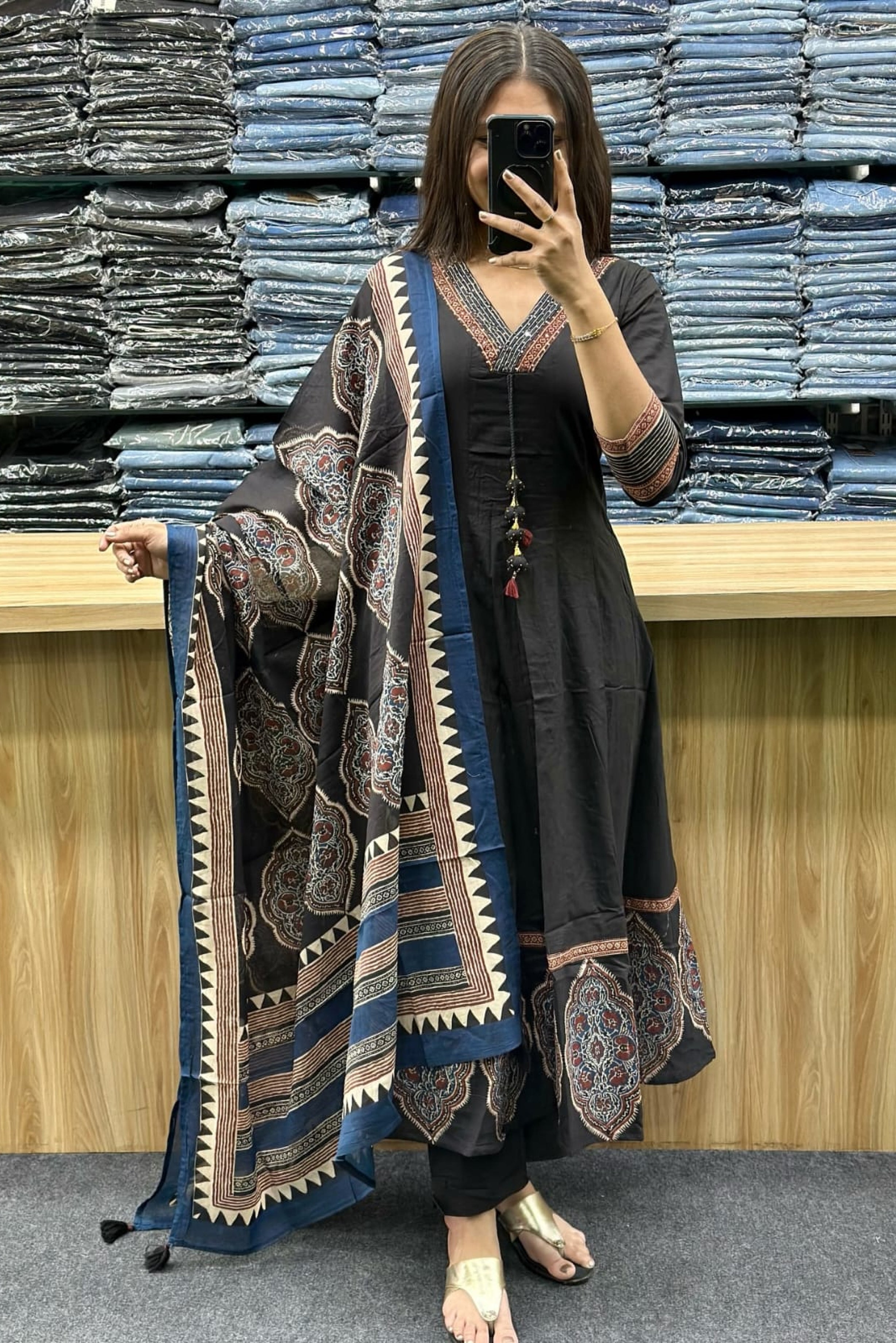 Black Cotton Kurti Pant Suit Set with Printed Dupatta
