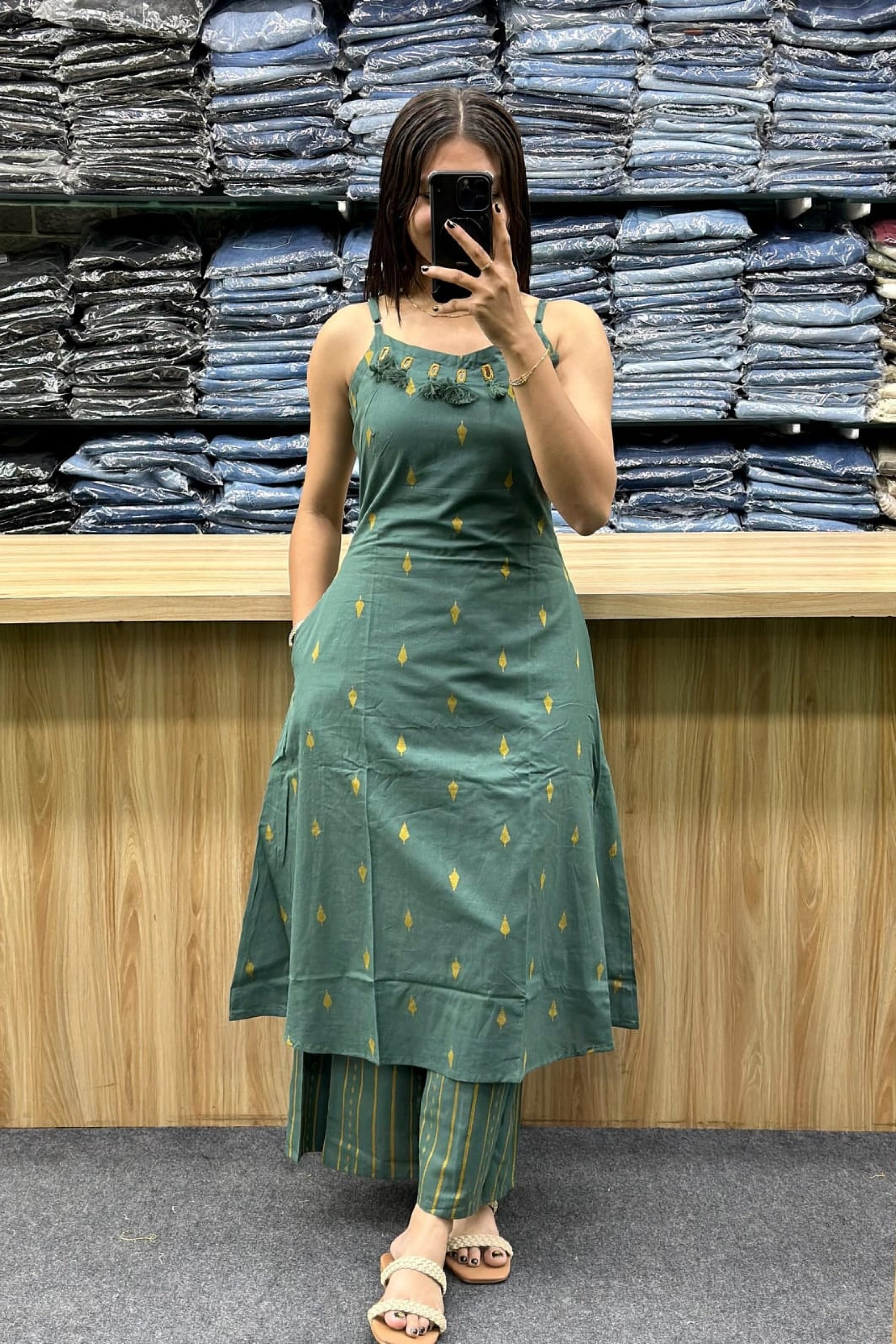 Green Sleeveless Cotton Kurti with Striped Pant Set