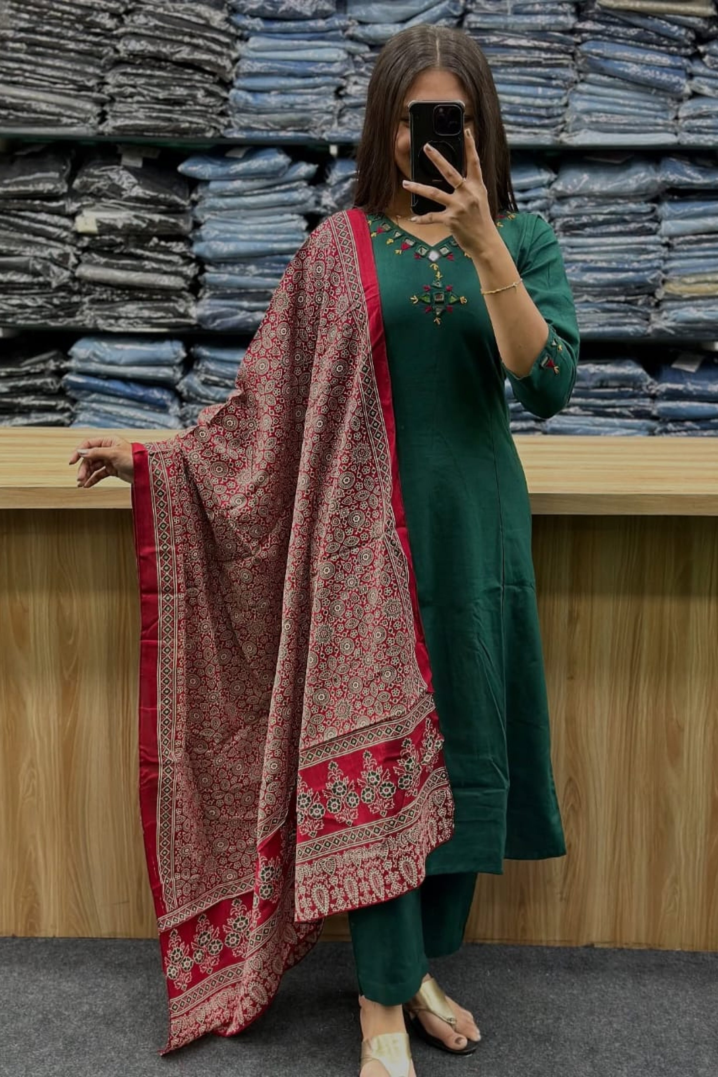 Bottle Green Premium Cotton Kurti Pant Set with Printed Dupatta