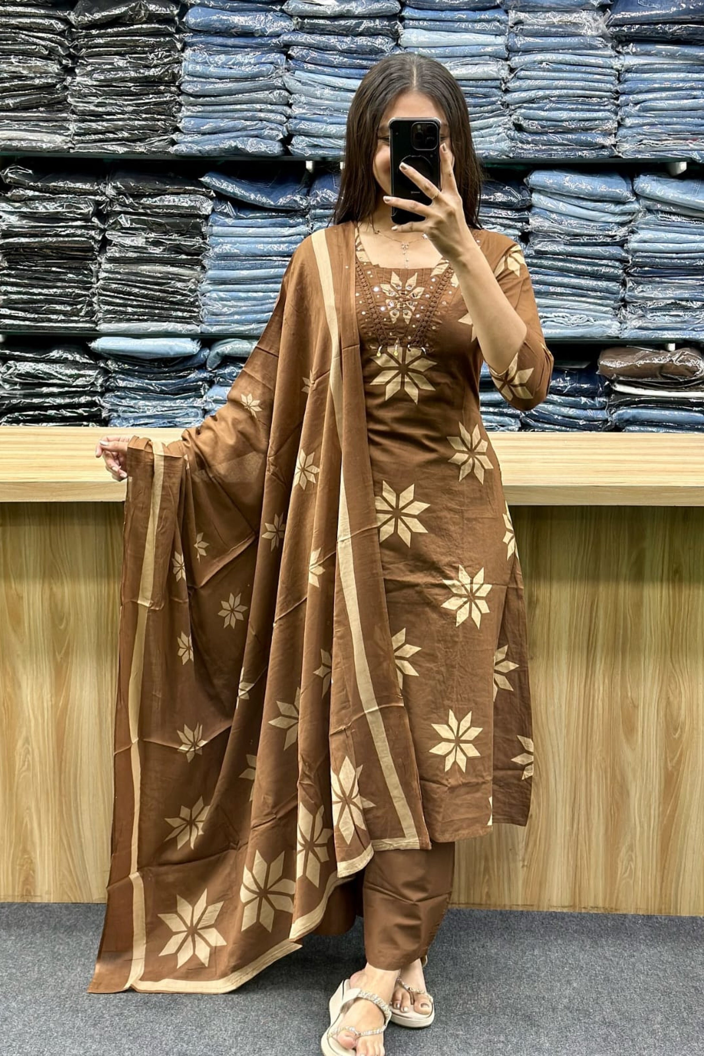 Coffee Brown Premium Cotton Kurti Pant Set with Printed Dupatta