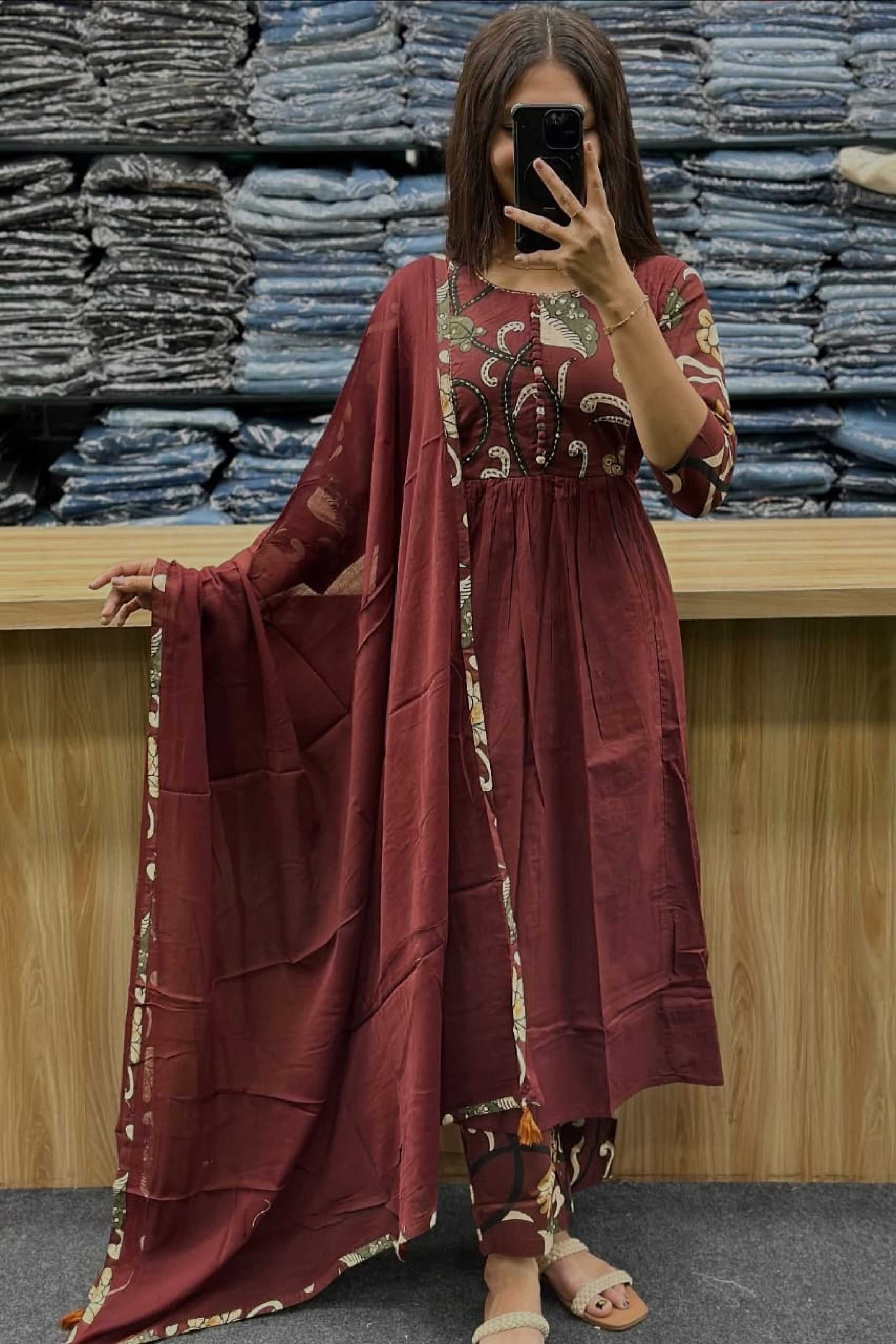 Maroon Ethnic 3-Piece Kurti Pant Dupatta Set