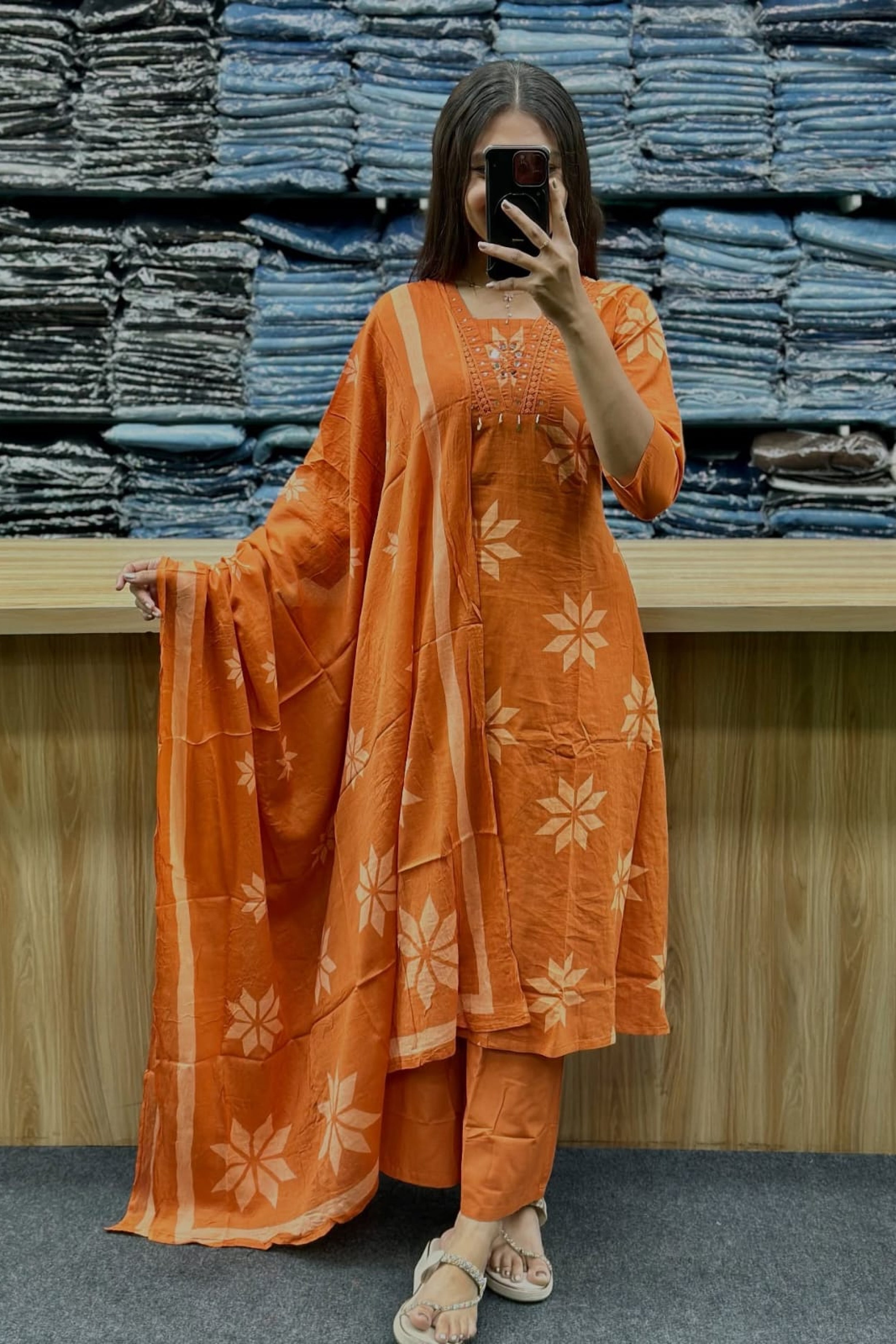 Orange Ethnic 3-Piece Kurti Pant Dupatta Set