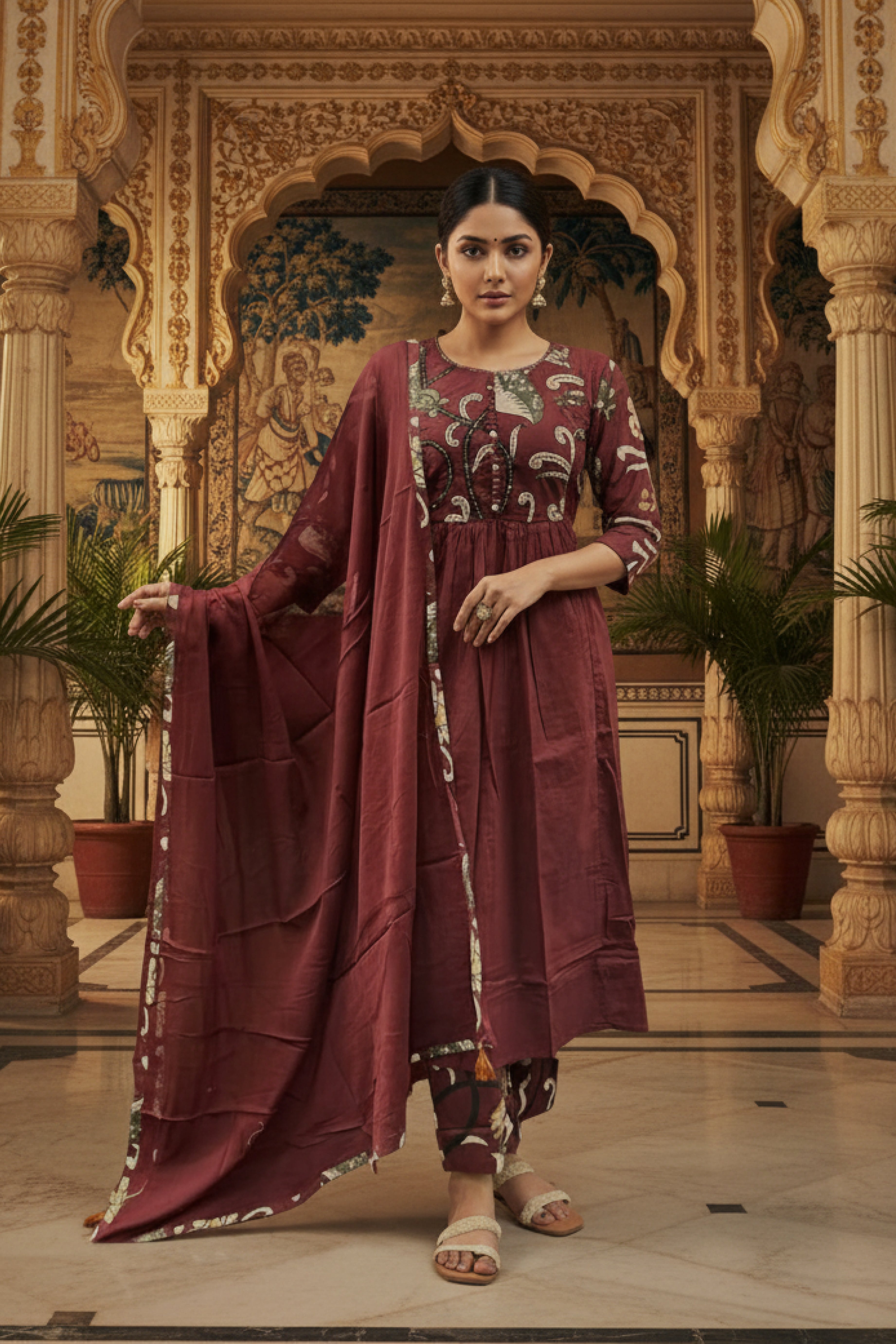 Maroon Ethnic 3-Piece Kurti Pant Dupatta Set