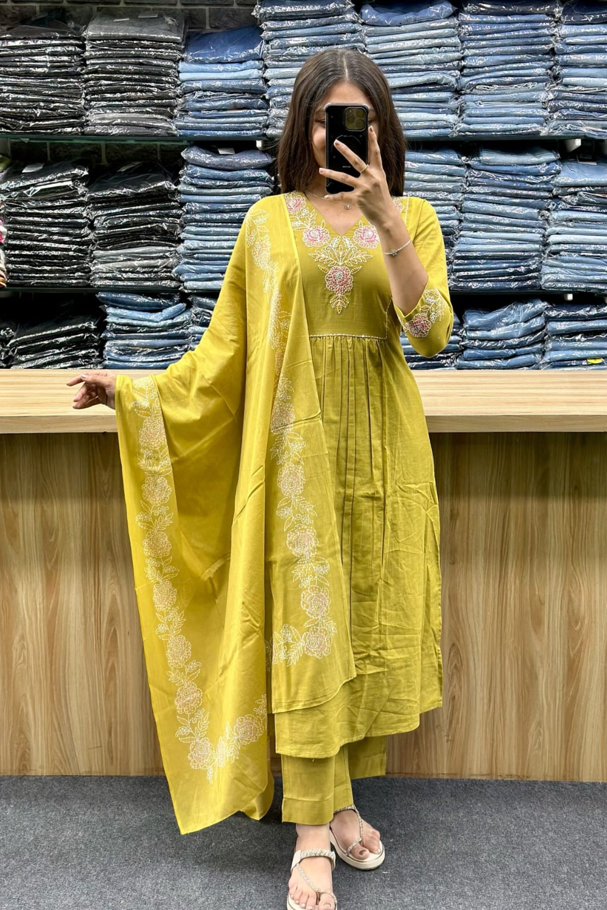 Mustard Yellow Premium Cotton Kurti Pant Set with Embroidered Dupatta