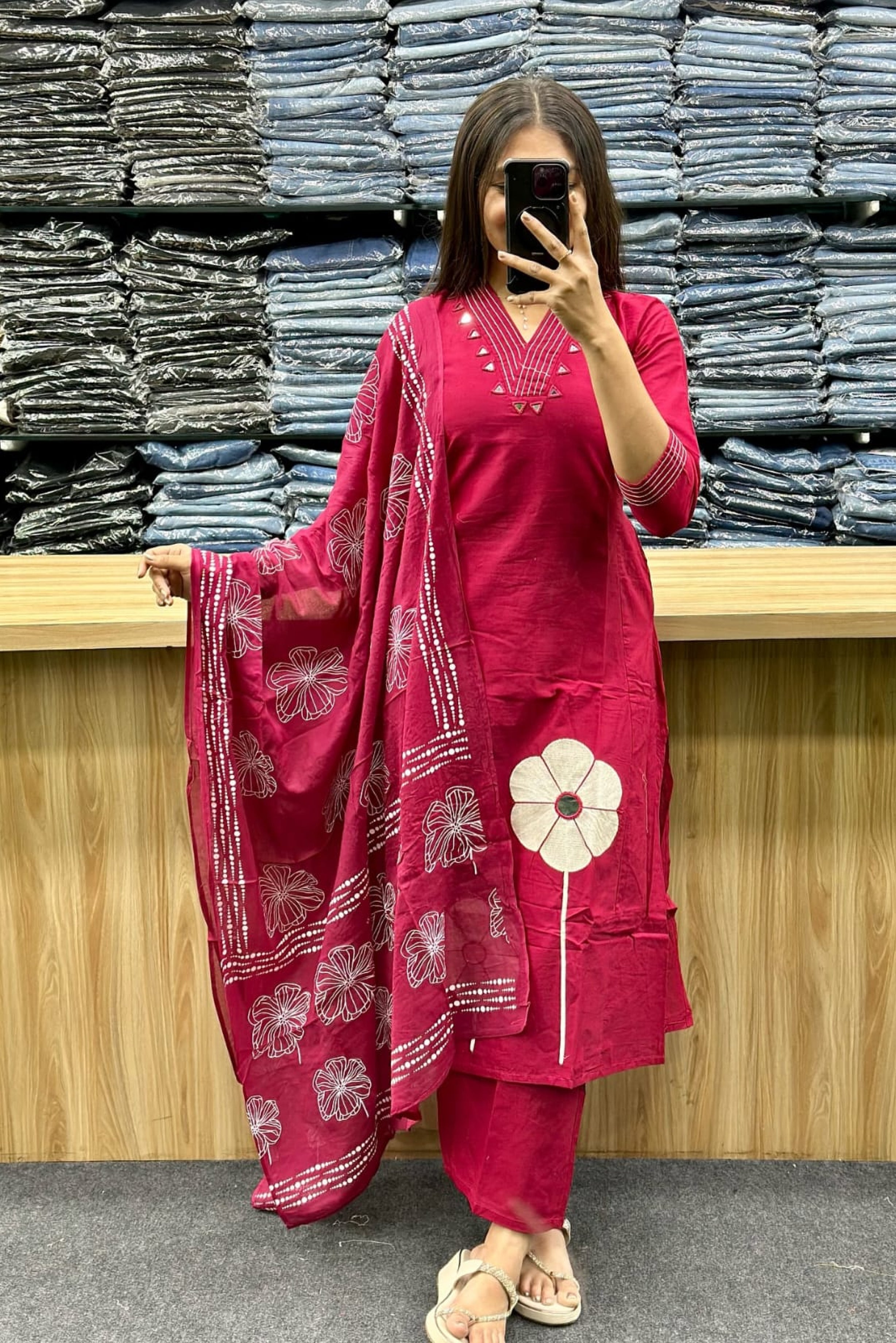 Magenta Premium Cotton Kurti Pant Set with Floral Printed Dupatta