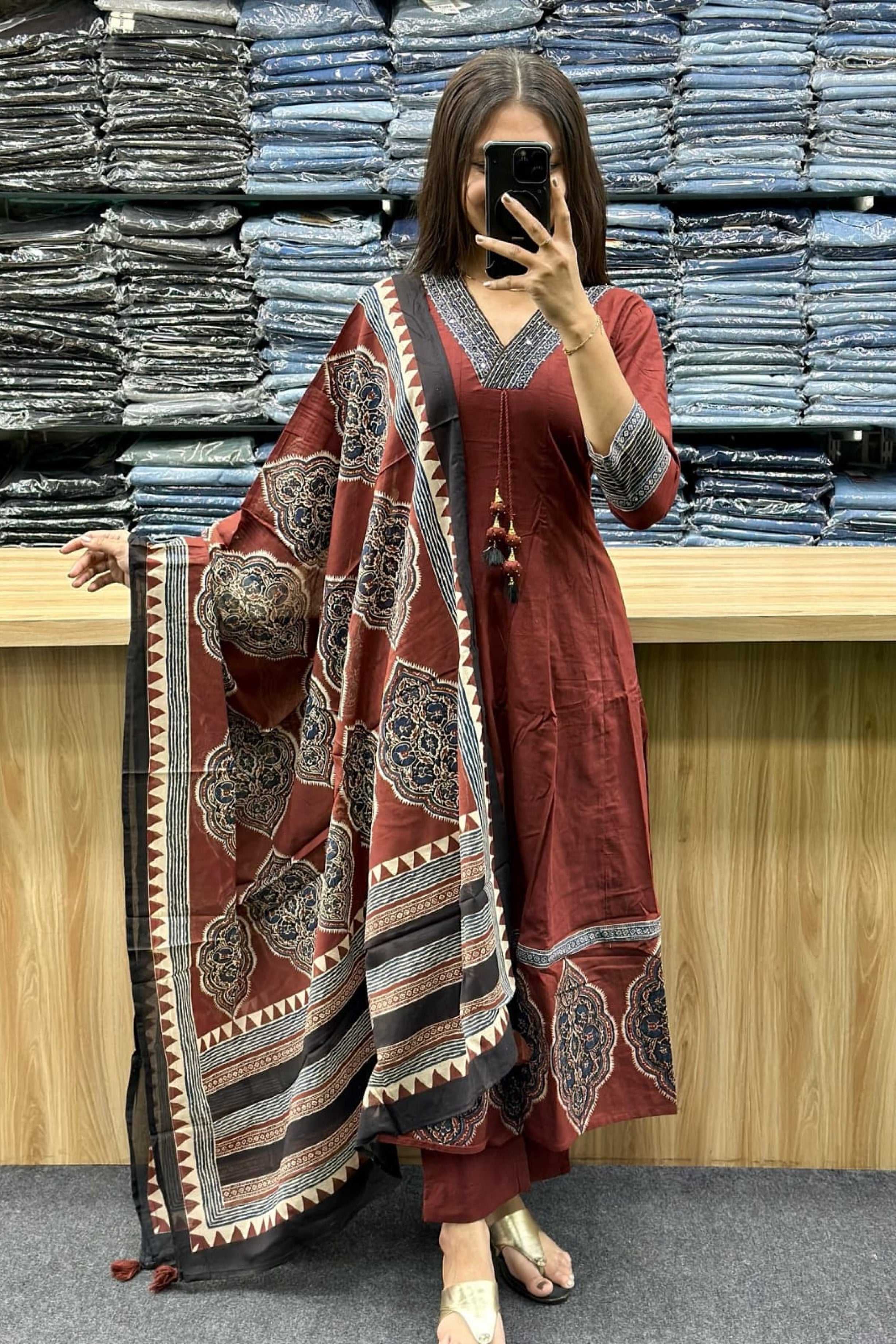 Red Angrakha Style Cotton Anarkali Kurti Pant Dupatta Set