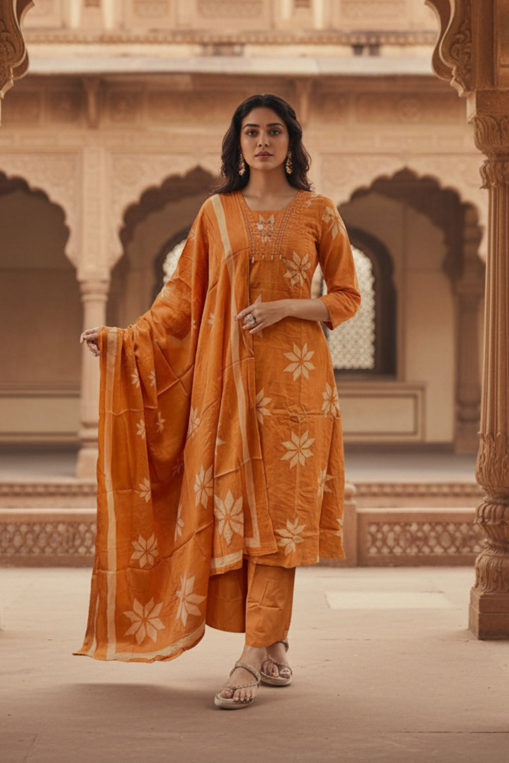 Orange Ethnic 3-Piece Kurti Pant Dupatta Set