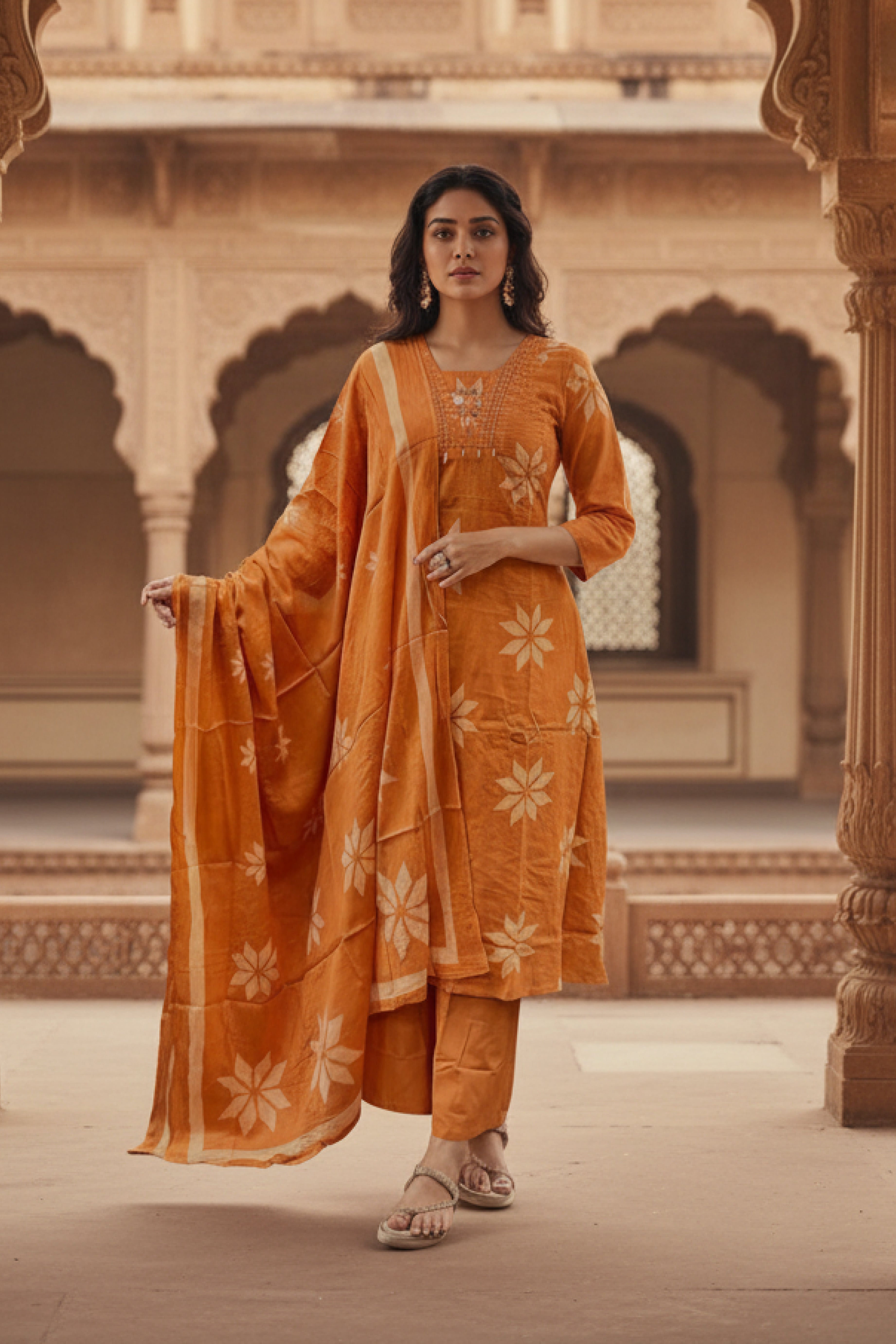 Orange Ethnic 3-Piece Kurti Pant Dupatta Set