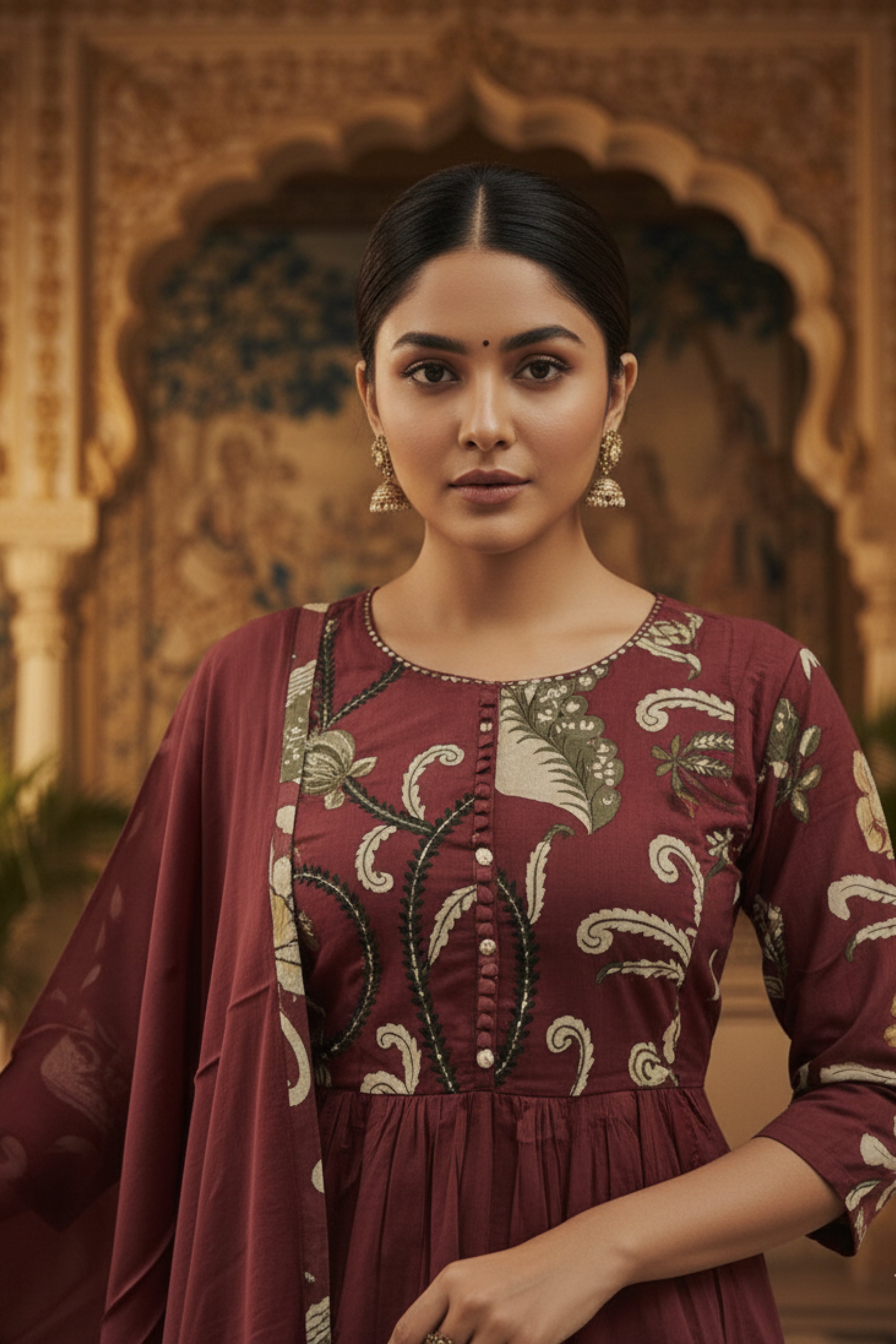 Maroon Ethnic 3-Piece Kurti Pant Dupatta Set