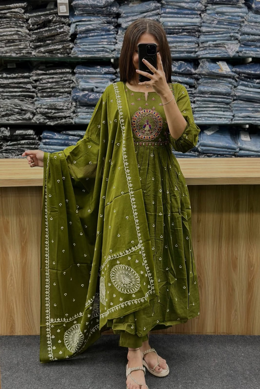 Olive Green Ethnic 3-Piece Kurti Pant Dupatta Set