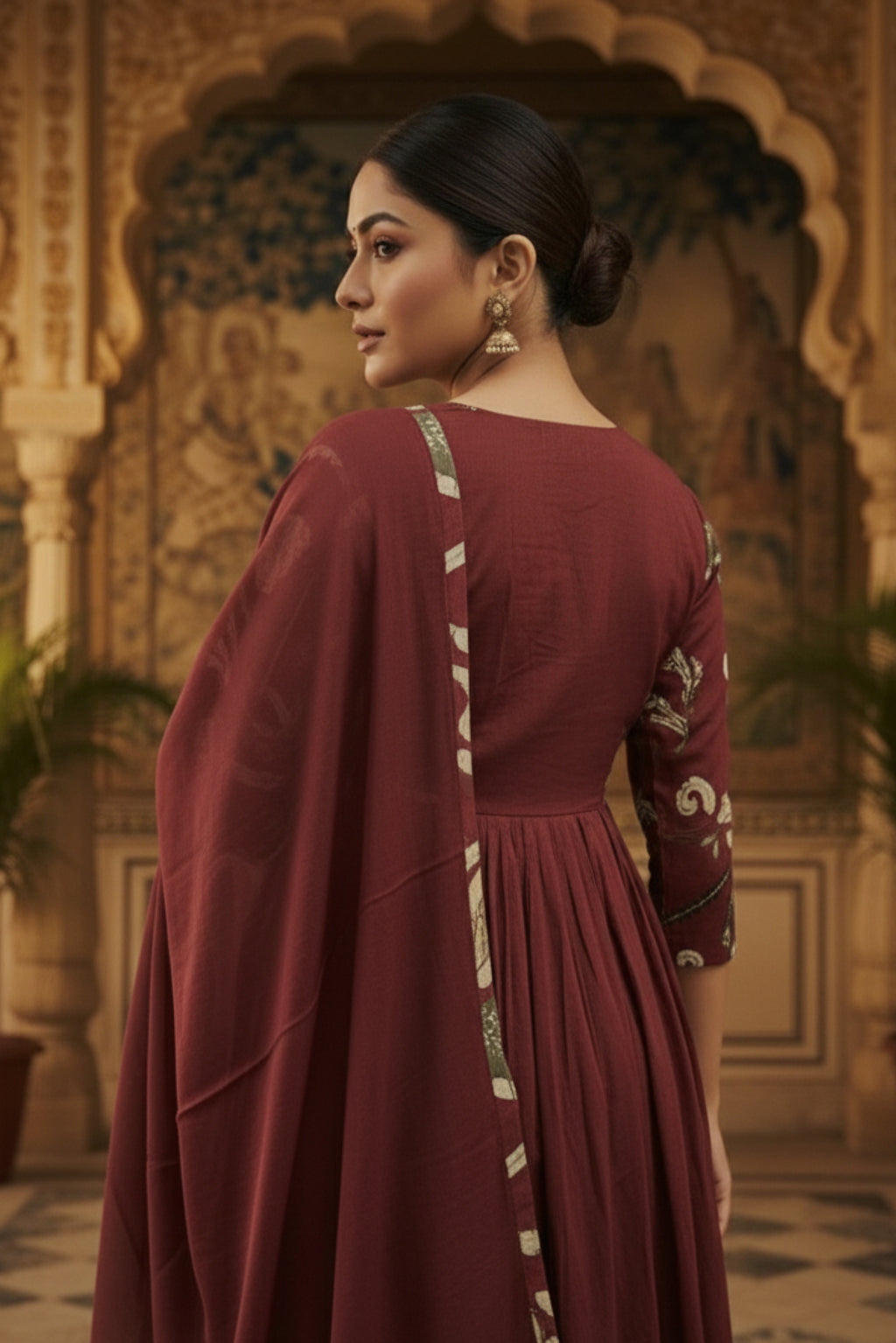 Maroon Ethnic 3-Piece Kurti Pant Dupatta Set