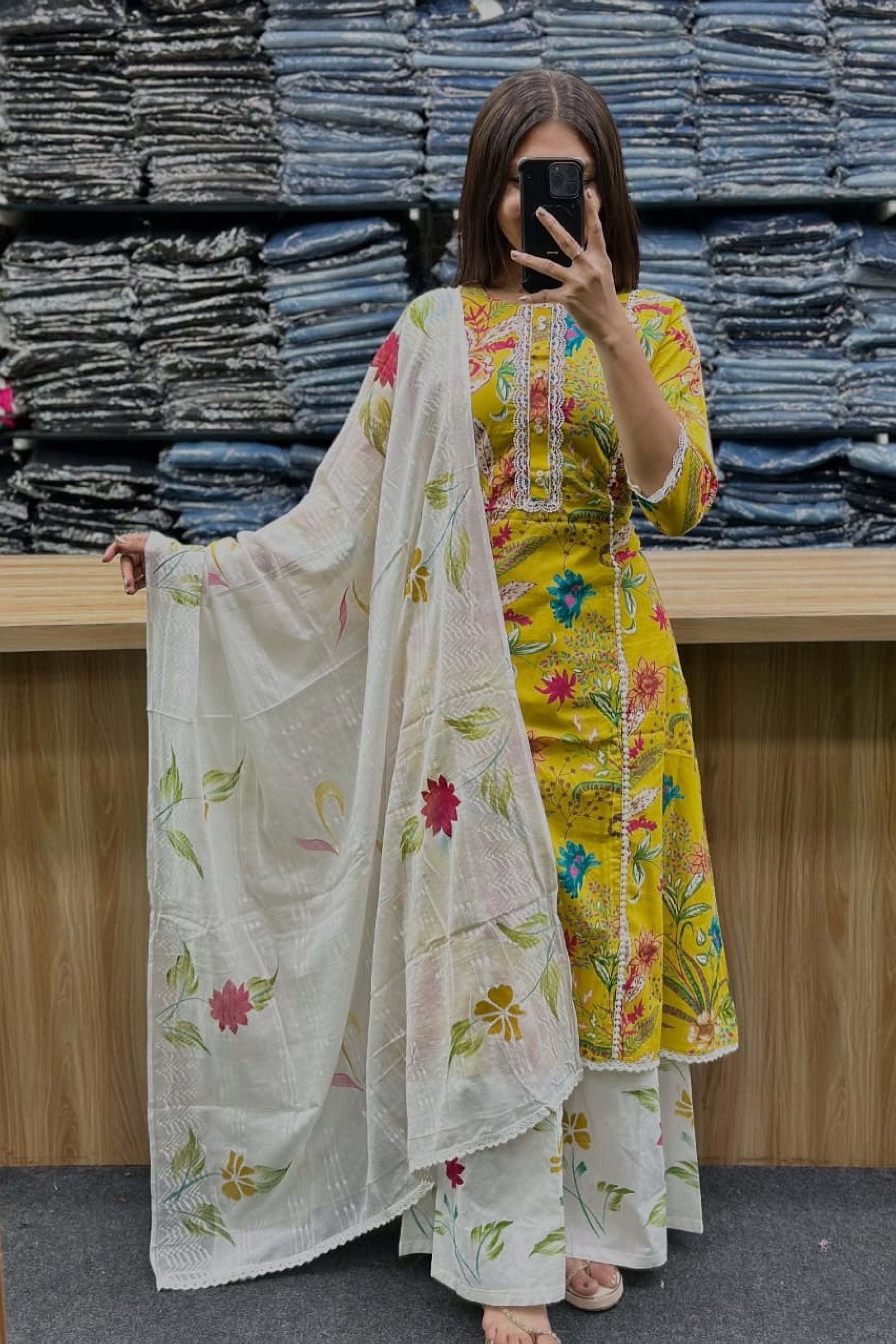 Mustard Yellow Cotton Kurti with White Palazzo & Floral Printed Dupatta Set