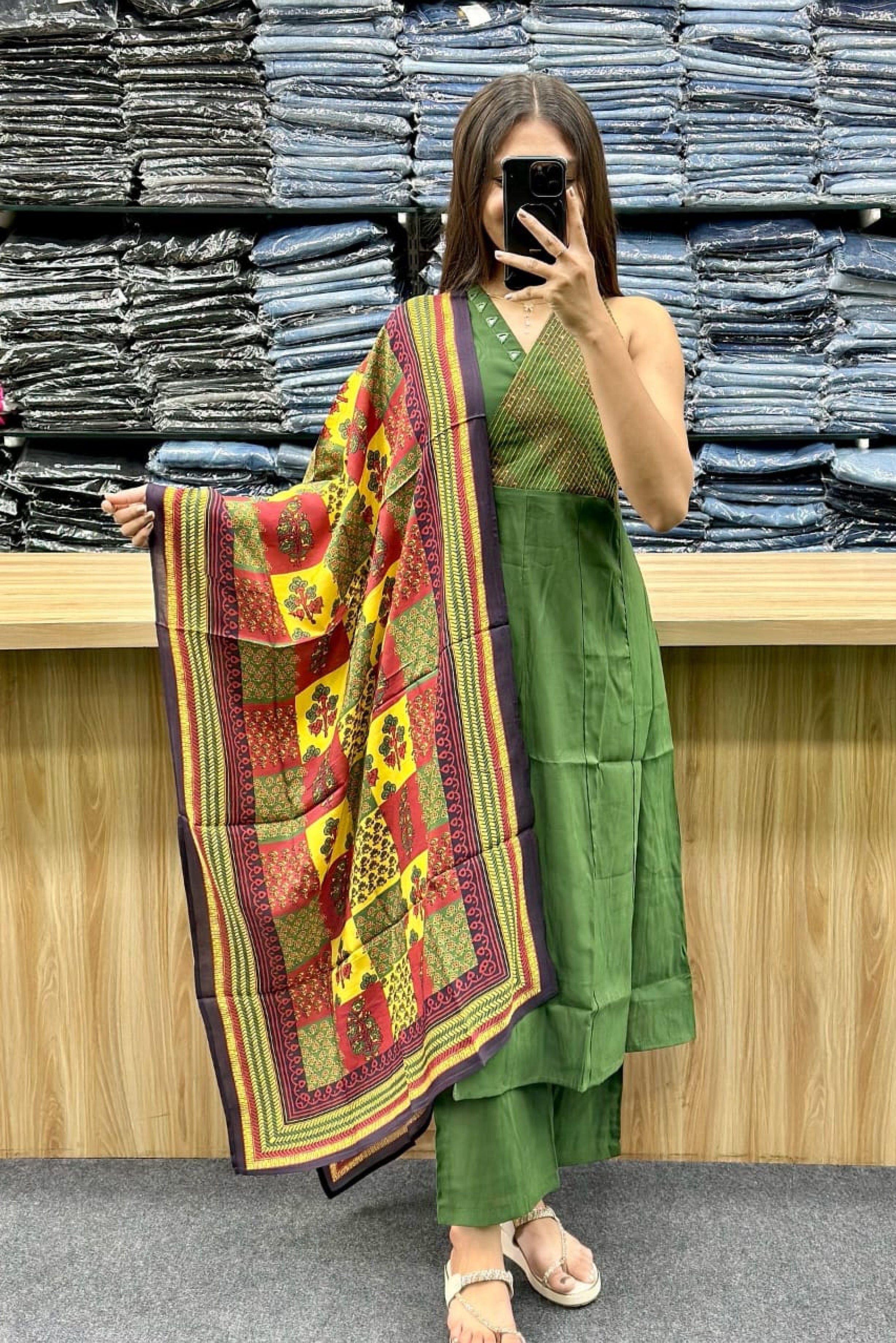 Olive Green Cotton Kurti Pant Set with Vibrant Patchwork Printed Dupatta