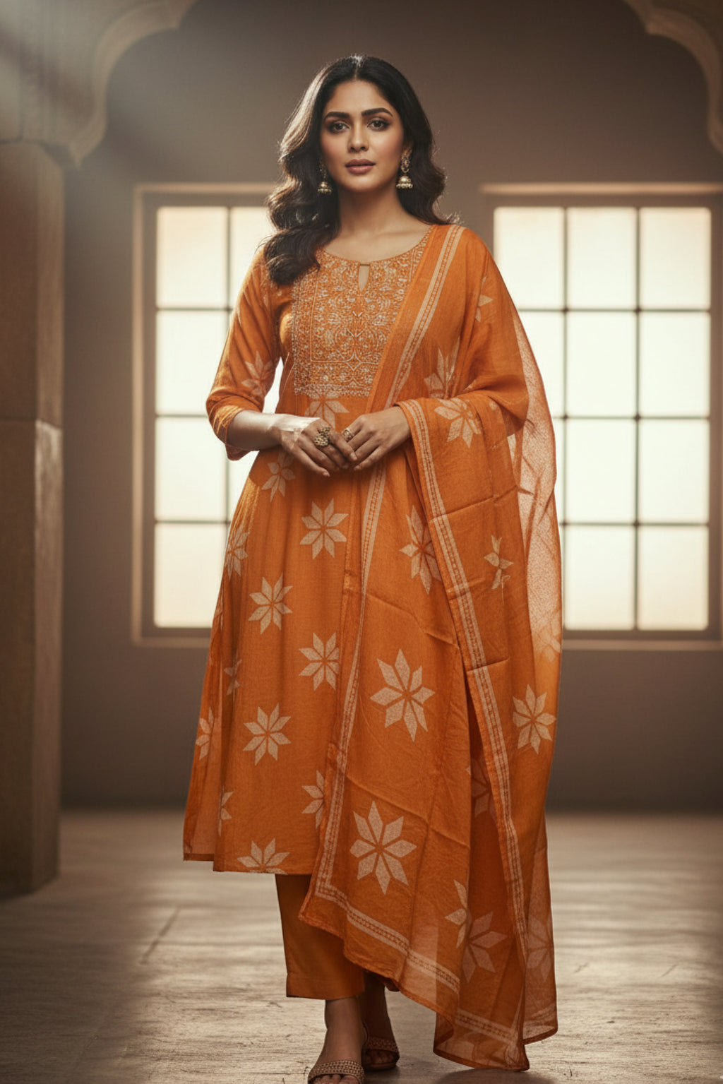 Orange Ethnic 3-Piece Kurti Pant Dupatta Set