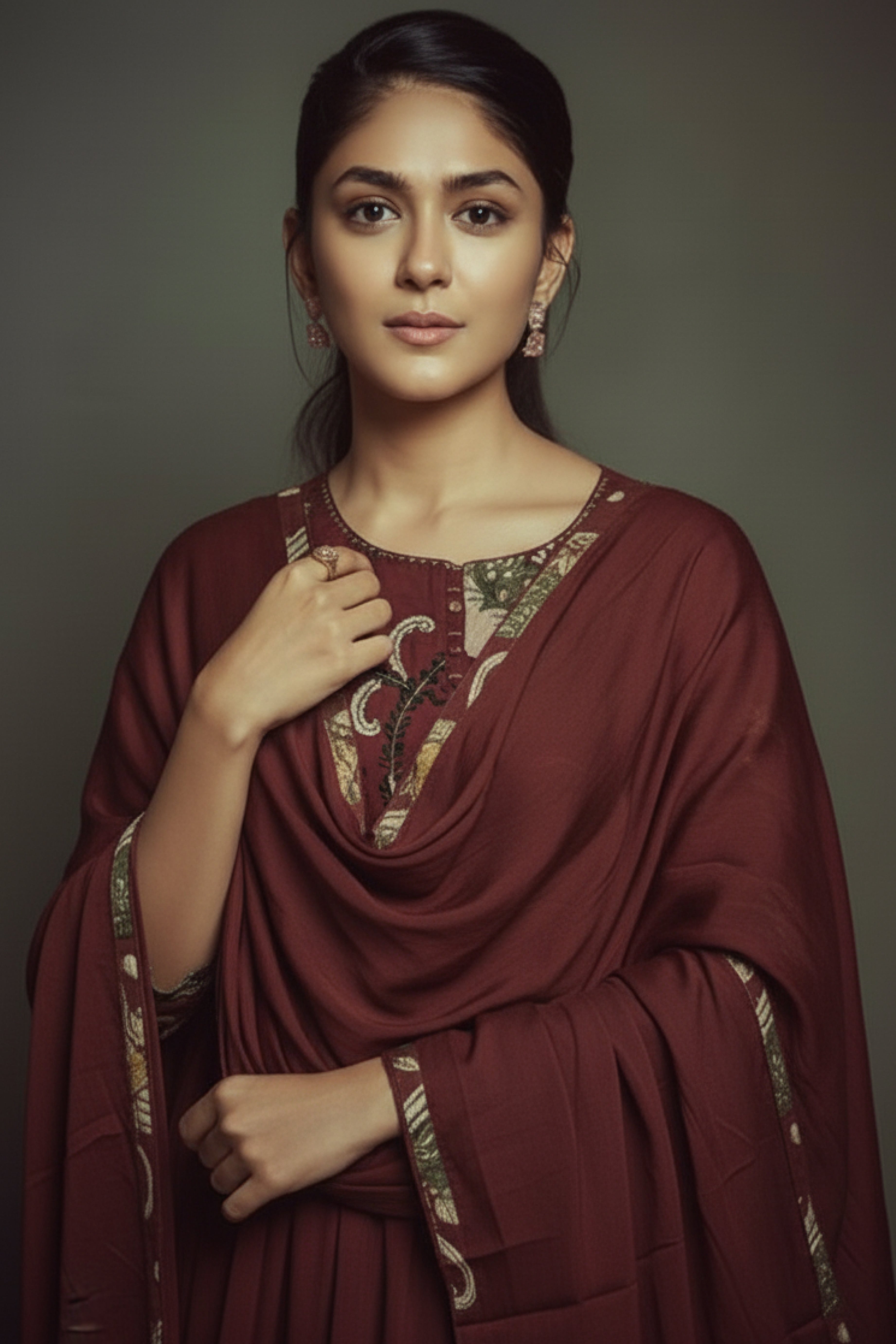 Maroon Ethnic 3-Piece Kurti Pant Dupatta Set