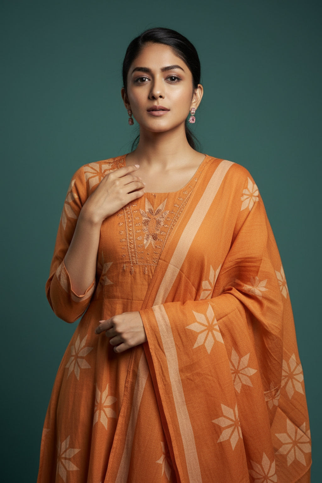 Orange Ethnic 3-Piece Kurti Pant Dupatta Set