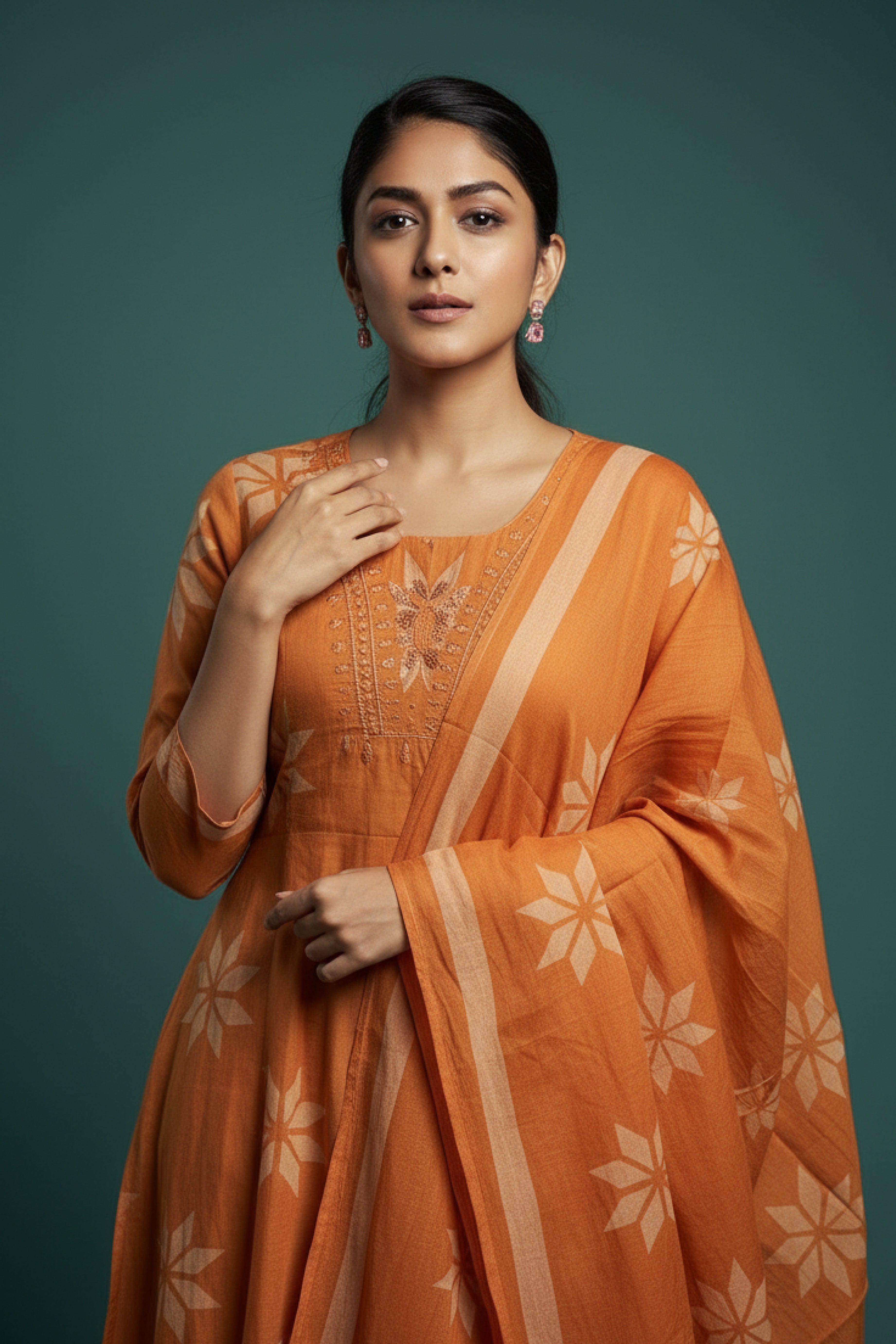 Orange Ethnic 3-Piece Kurti Pant Dupatta Set