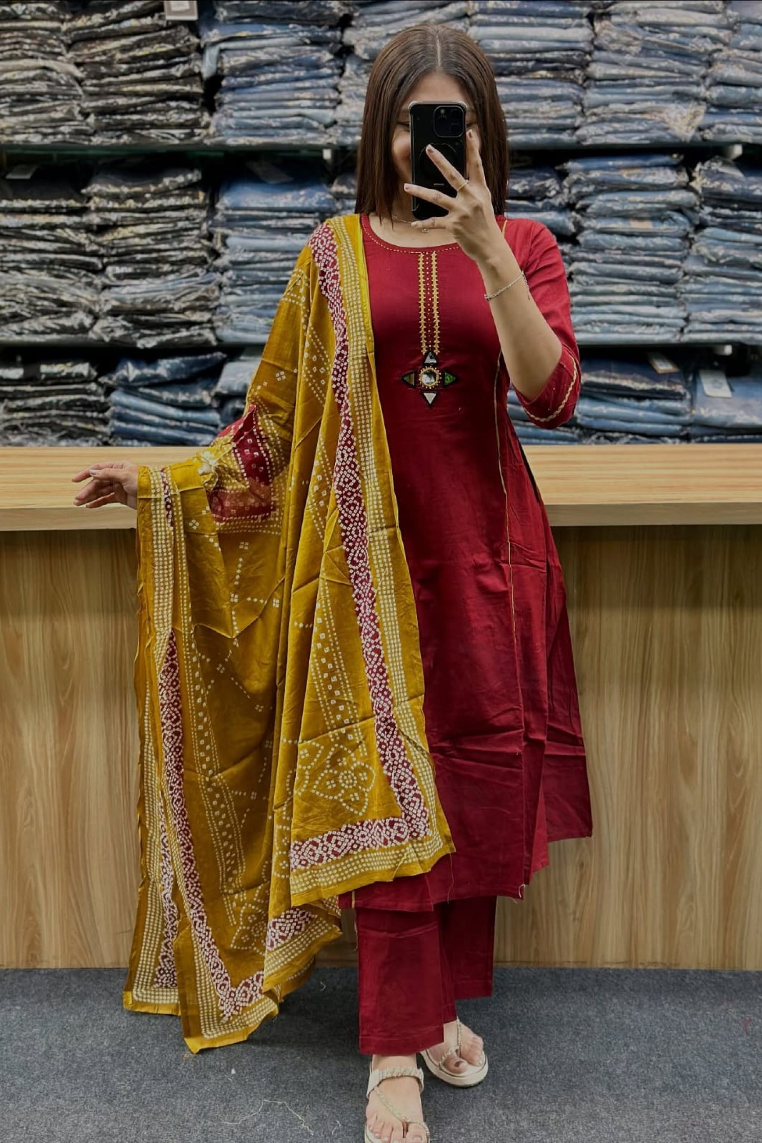 Maroon Cotton Kurta Pant Set with Bandhani Dupatta