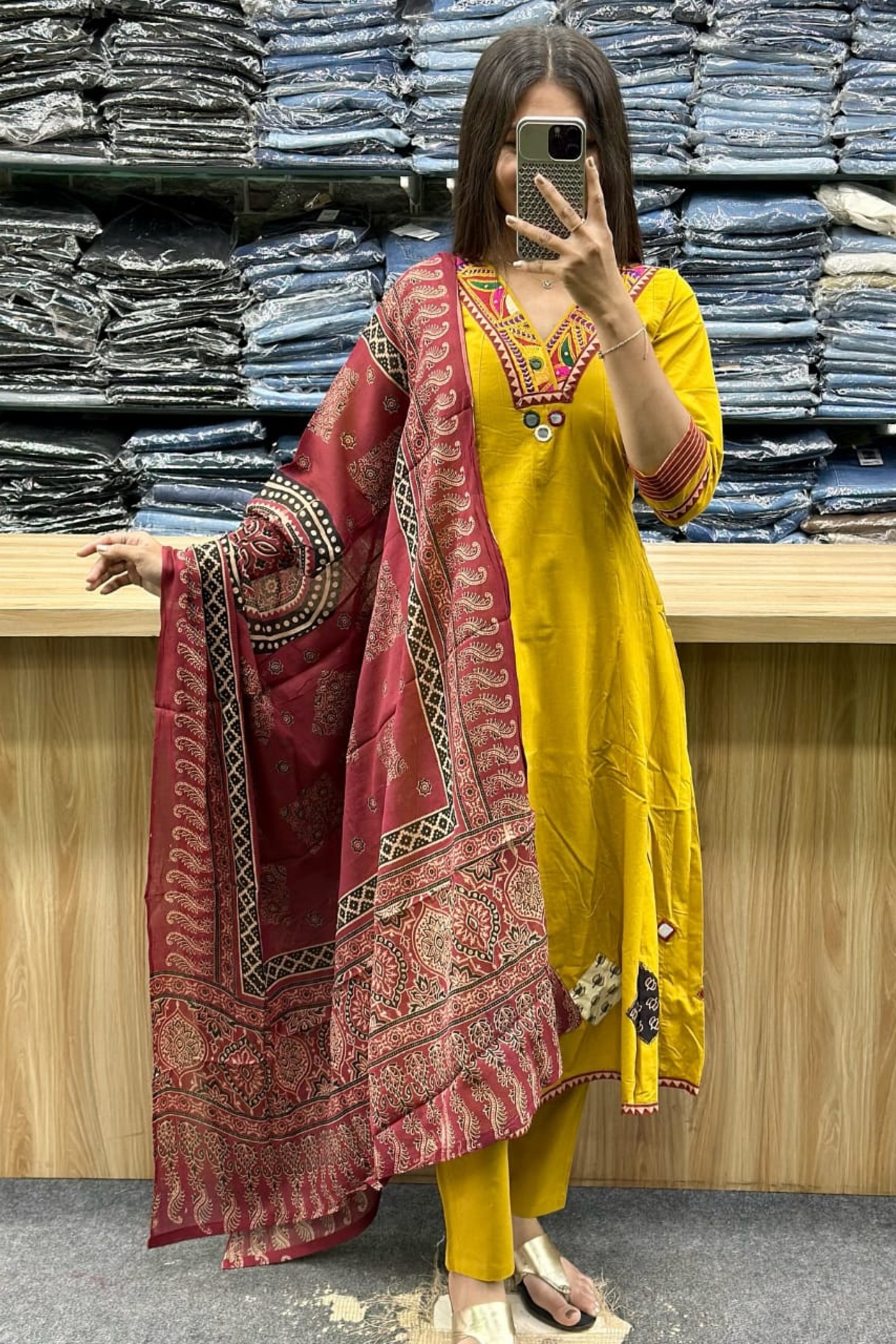 Mustard Cotton Premium Kurti Pant Set with Maroon Ajrakh Print Dupatta