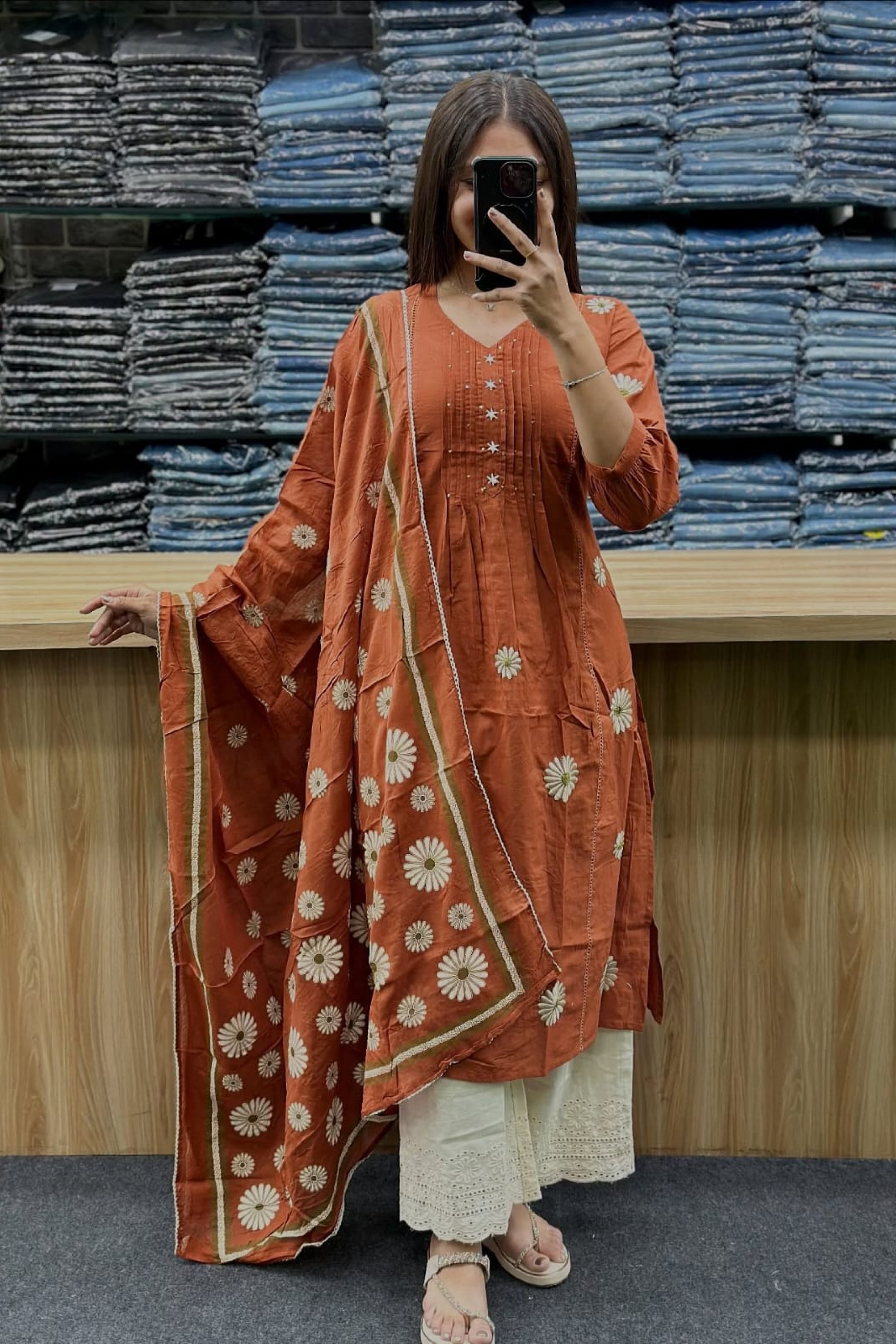 Orange Premium Cotton Kurti with White Palazzo and Printed Dupatta Set