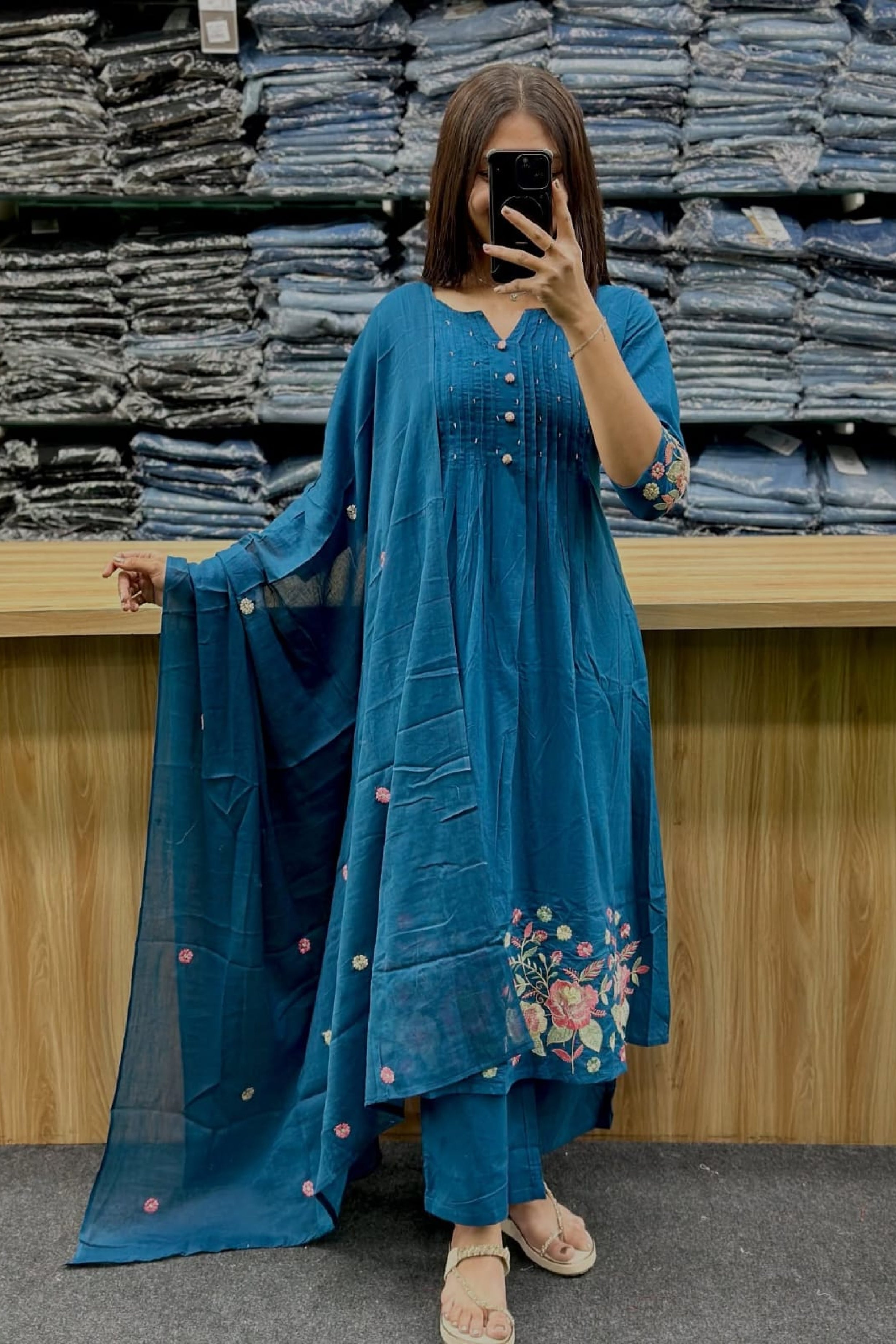 Teal Blue Cotton Kurti Pant Set with Embroidered Dupatta