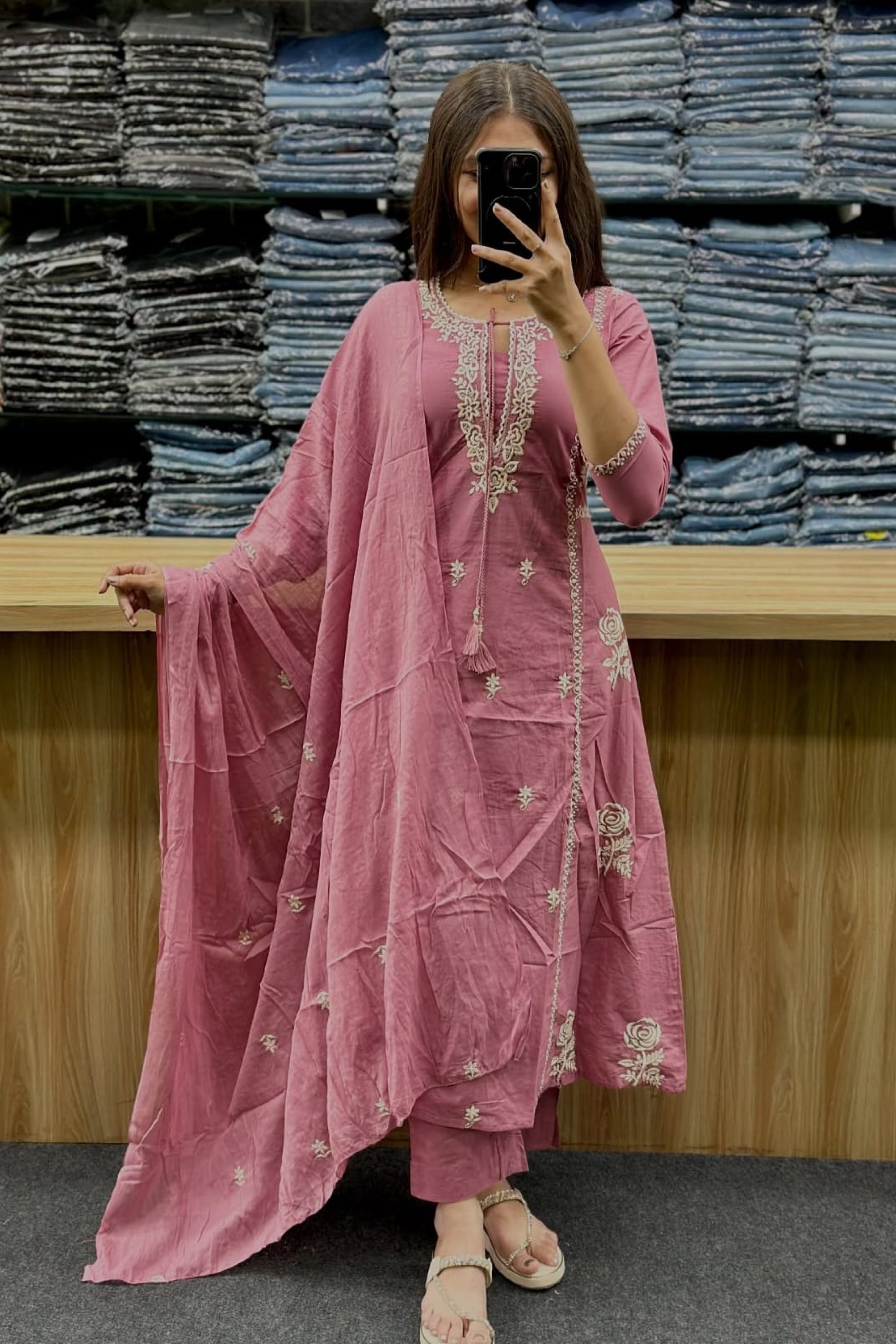 Pink Premium MUL Cotton Kurti Pant Set with Embroidered Dupatta