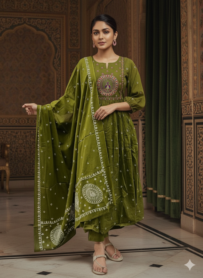 Olive Green Ethnic 3-Piece Kurti Pant Dupatta Set