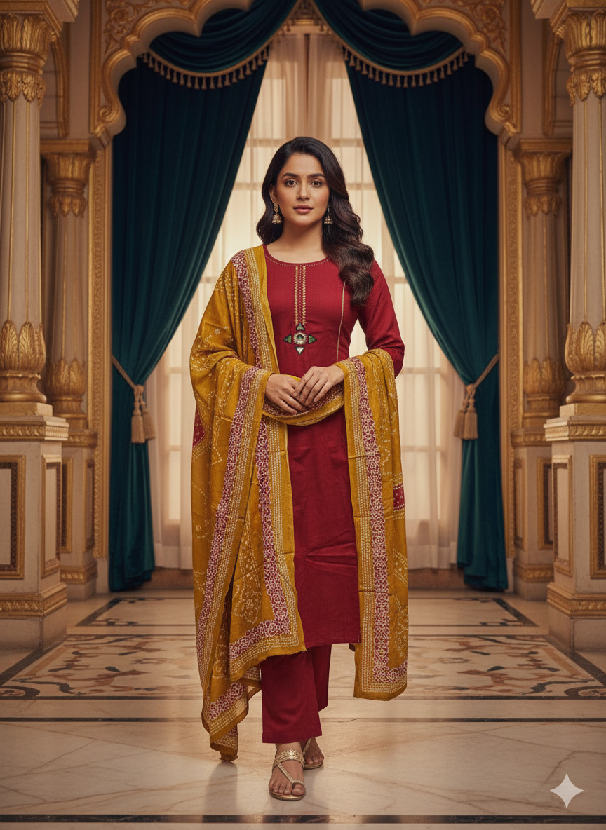 Maroon Cotton Kurta Pant Set with Bandhani Dupatta