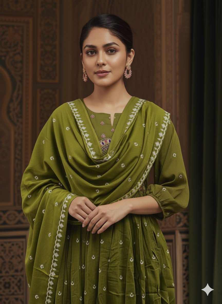 Olive Green Ethnic 3-Piece Kurti Pant Dupatta Set