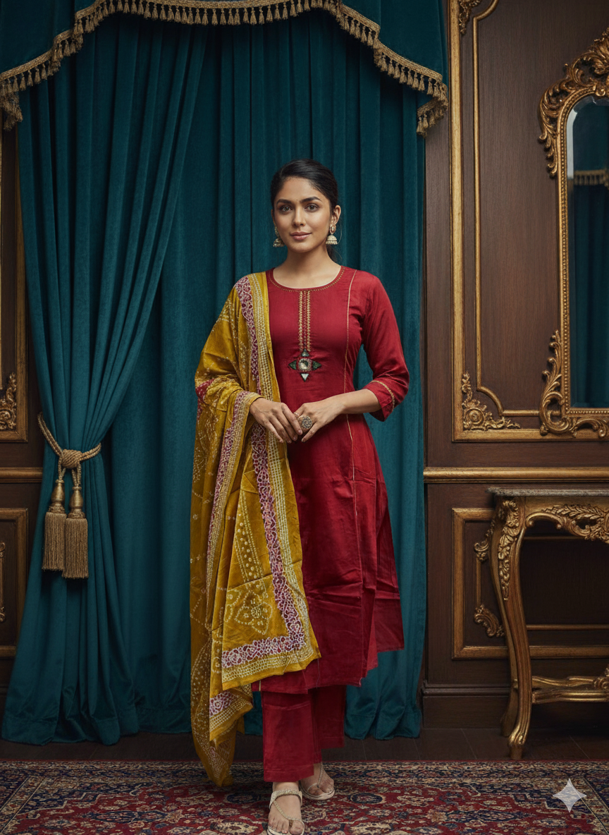 Maroon Cotton Kurta Pant Set with Bandhani Dupatta