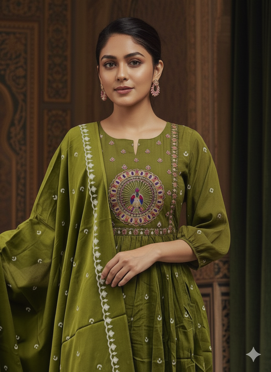 Olive Green Ethnic 3-Piece Kurti Pant Dupatta Set